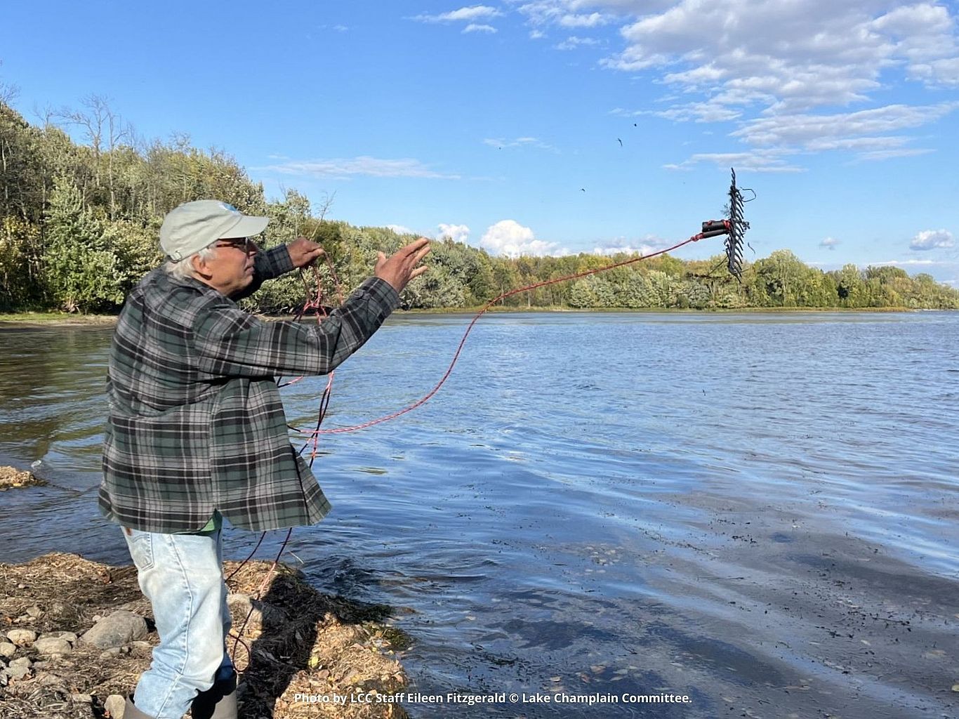 volunteer working lakeside with a water rake