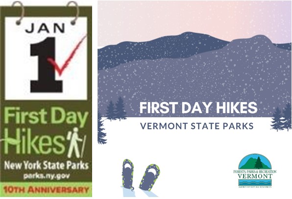 Collage of two graphics advertising First Day Hikes from NY Parks and Rec and VT Parks and Rec.